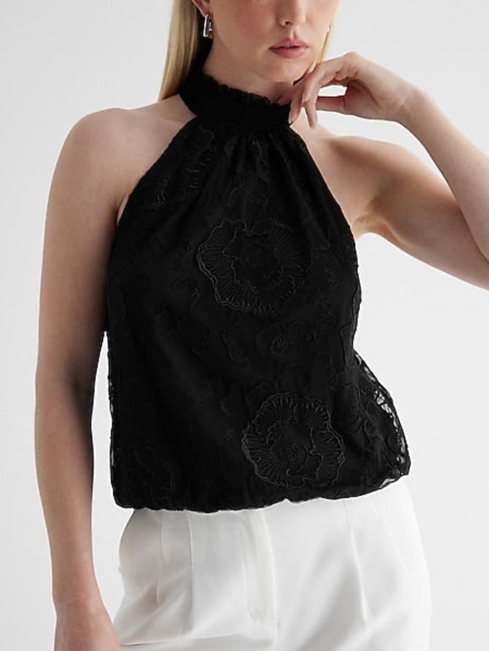 Express Black High-Neck Lace Halter Camisole